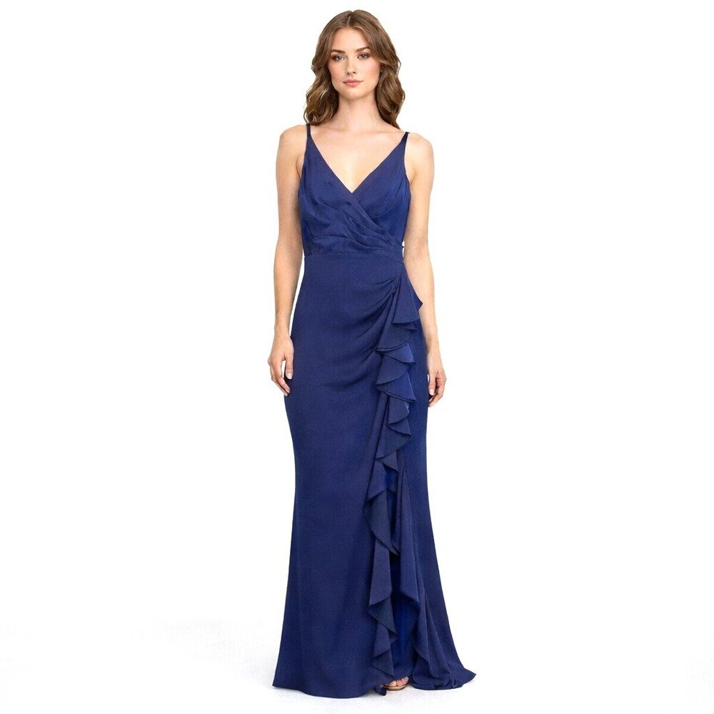 JVN by Jovani Sleeveless Ruffle Gown Dress Size 12 Navy Blue Prom Formal Wedding
